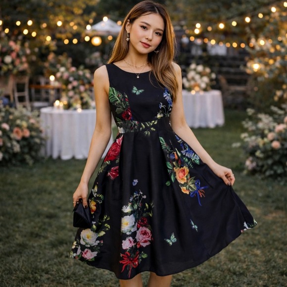 eshakti Dresses & Skirts - eShakti Romantic Floral Butterfly Fit and Flare Dress 6 Black Sleeveless Pockets
